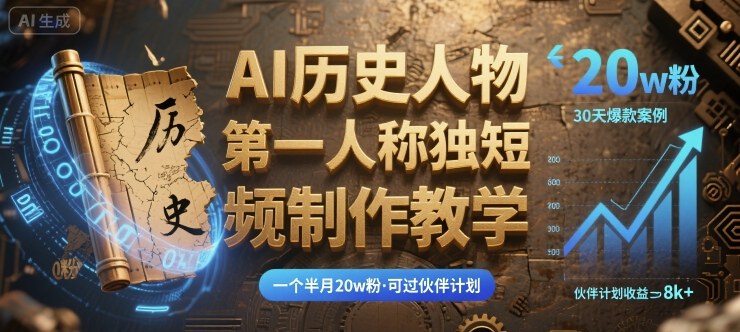 最新AI历史人物第一人称独白短视频制作教学，一个半月20w粉，可过伙伴计划-奇奇网创
