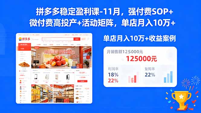 拼多多稳定盈利课-11月，强付费SOP+微付费高投产+活动矩阵，单店月入10万+-奇奇网创