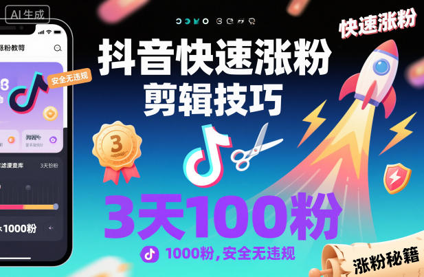 抖音快速涨粉剪辑技巧，3天1000粉，安全无违规-奇奇网创