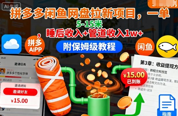 拼多多闲鱼网盘拉新项目，一单5-15米，睡后收入+管道收入1w+(附保姆级教程)-奇奇网创