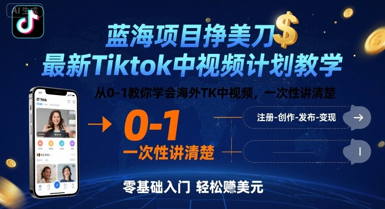 蓝海项目挣美刀，最新Tiktok中视频计划教学，从0-1教你学会海外TK中视频，一次性讲清楚-奇奇网创