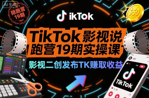 TikTok影视解说陪跑营19期实操课，影视二创发布TK賺取收益，万播收益50美金-奇奇网创