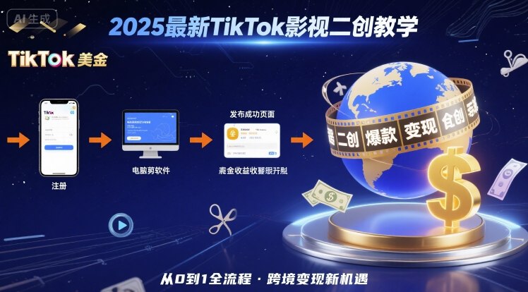 2025年最新TikTok影视二创教学，从注册到发布撸美金全流程，跨境变现新机遇-奇奇网创