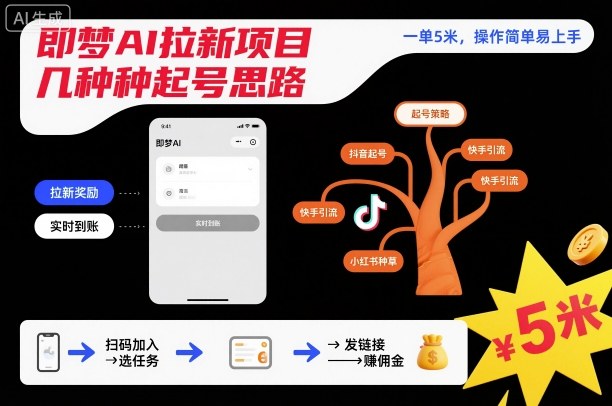 即梦AI拉新项目几种起号思路，一单5米，操作简单易上手-奇奇网创