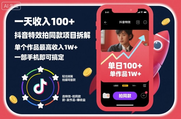 一天收入100+，抖音特效拍同款项目拆解，单个作品最高收入1W+，一部手机即可搞定-奇奇网创
