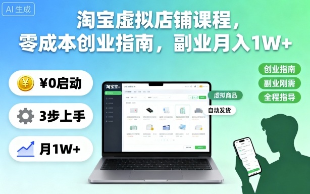 淘宝虚拟店铺课程，零成本创业指南，副业月入1W+-奇奇网创