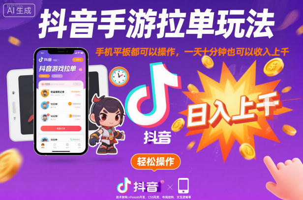 抖音手游拉单玩法，手机平板都可以操作，一天十分钟也可以收入上K【揭秘】-奇奇网创