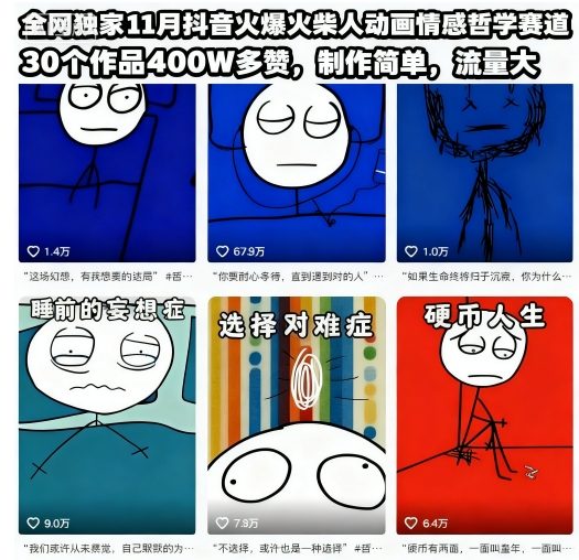 全网独家11月抖音火爆火柴人动画情感哲学赛道，30个作品400W多赞，制作简单，流量大【教学+素材】-奇奇网创