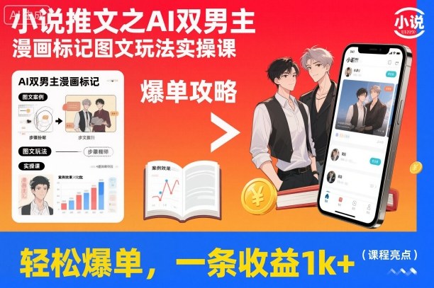 小说推文之AI双男主漫画标记图文玩法实操课，轻松爆单，一条收益1k+-奇奇网创
