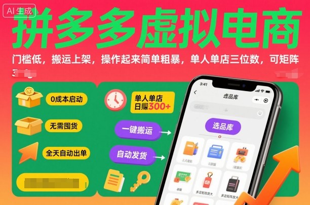 拼多多虚拟电商，门槛低，搬运上架，操作起来简单粗暴，单人单店三位数，可矩阵-奇奇网创