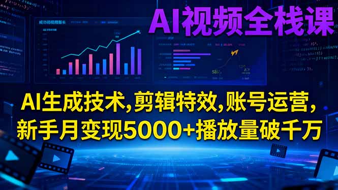AI视频全栈课:AI生成技术,剪辑特效,账号运营,新手月变现5000+播放量破千万-奇奇网创