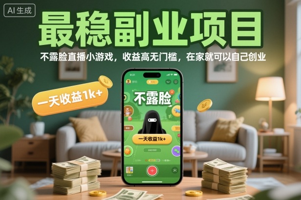 最稳副业项目，不露脸直播小游戏，收益高无门槛，一天收益1k+，在家就可以自己创业【揭秘】-奇奇网创