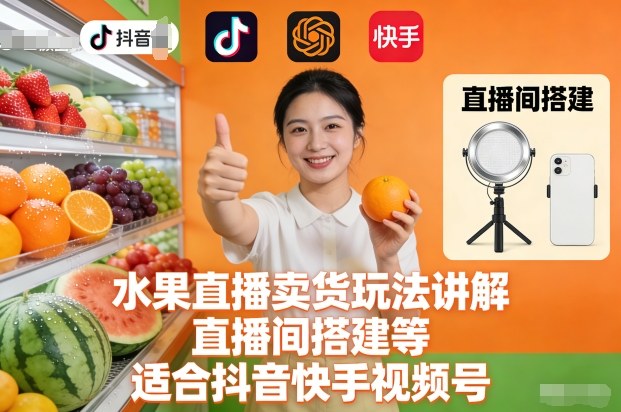 水果直播卖货玩法讲解、直播间搭建等，适合抖音快手视频号-奇奇网创