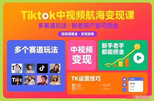 Tiktok中视频航海变现课，多个赛道玩法，新手老手都能在TK中视频捞金-奇奇网创