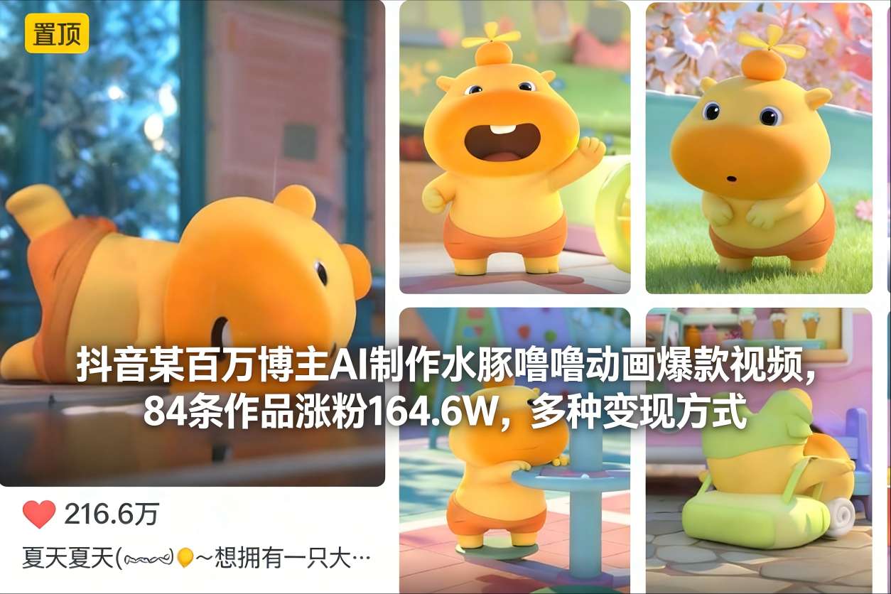 抖音某百万博主AI制作水豚噜噜动画爆款视频，84条作品涨粉164.6W，多种变现方式-奇奇网创