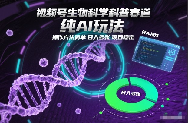 视频号生物科学科普赛道，纯AI玩法，操作方法简单，日入多张，项目稳定-奇奇网创